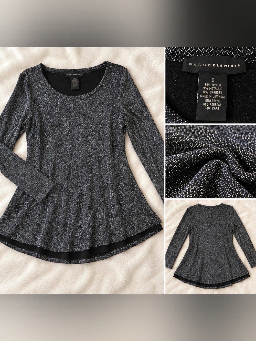 Grace Elements Metallic Black Long Sleeve Flared Swing Top
